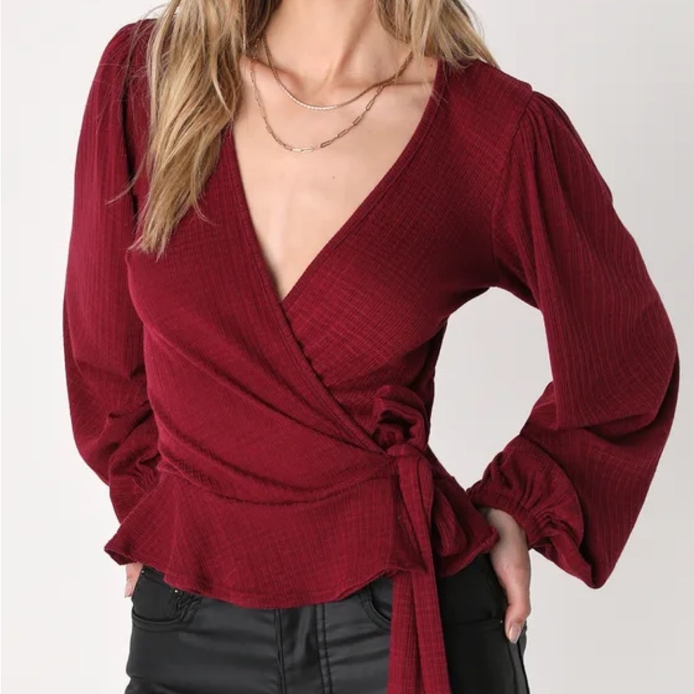 LULUS Everyday Fashionista Burgundy Knit Surplice Peplum Top NWOT